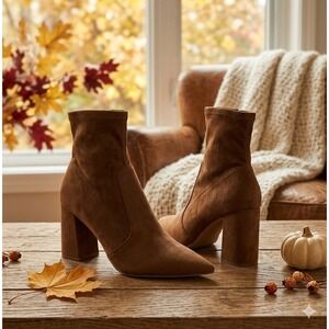 Steve Madden Hayes Bootie Womens 9.5 Brown Faux Suede Pointed Block Heel NWOB